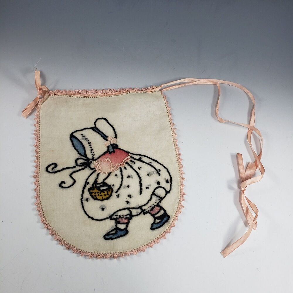 Estate VTG Childs Drawstring Purse Lavender Sachet Hand Embroidered Girl Bonnet